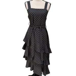 Leith Gray White Polka Dot Tiered Ruffled MIDI Dress Side Slant Hem Women’s Sz S